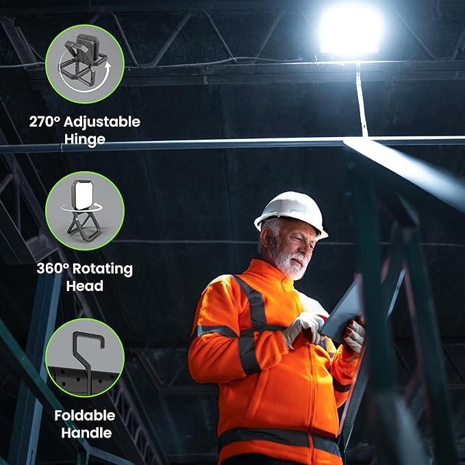 Feit Electric Portable LED Work Light, 360° Rotating Head, 3 Light Modes, 1000/500/200 Lumens, Adjustable Working Light for Workshop Garage, 25,000-Hour Lifetime, WORK1000/FOLD/BAT