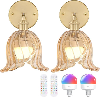 Shenmoyl Vintage Battery Operated Wall Sconces Set of Two, Rechargeable Battery Powered Wall Sconces with Remote Control, Wireless Dimmable LED Light for Bedside Indoor Living Room (Amber Lily)