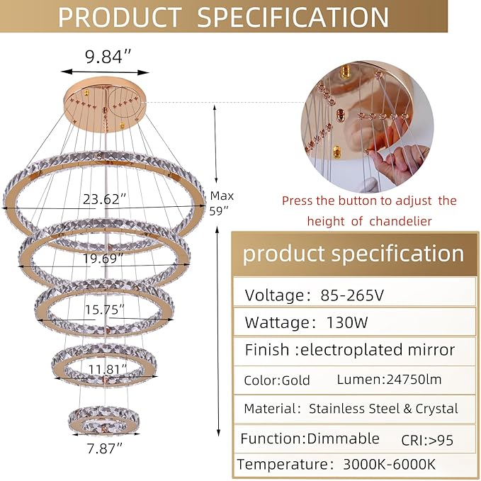 Modern Crystal Chandelier Dimmable 5 Rings LED Gold Chandelier Linear Chandelier Dining Room Light Fixture with Remote for Entryway, Bedroom,Living Room and Foyer