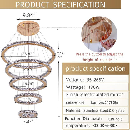 Modern Crystal Chandelier Dimmable 5 Rings LED Gold Chandelier Linear Chandelier Dining Room Light Fixture with Remote for Entryway, Bedroom,Living Room and Foyer