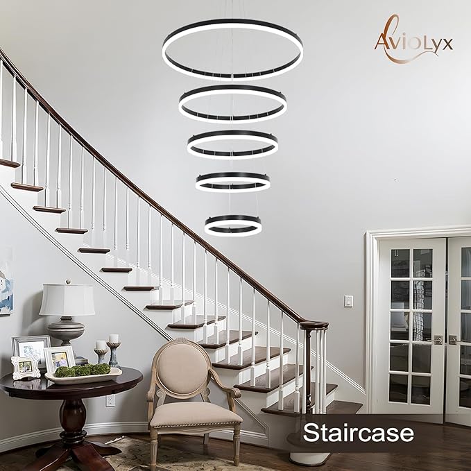 5 Rings Modern LED Chandelier Black Large High Ceiling Chandeliers with Remote Control Contemporary Pendant Light Dimmable for Staircase Entryway Living Room Foyer Villa(3000K-6500K D31.5)