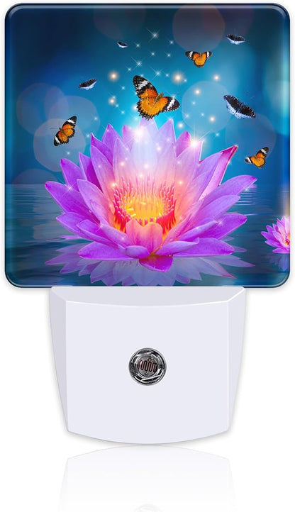 Purple Lotus Flowers Butterflies Night Light for Kids,Glowing Lotus Butterfly Night Light Plug in with Dusk to Dawn Sensor,0.5w Energy Saving Nightlight for Hallway Stairway Kitchen Bedroom