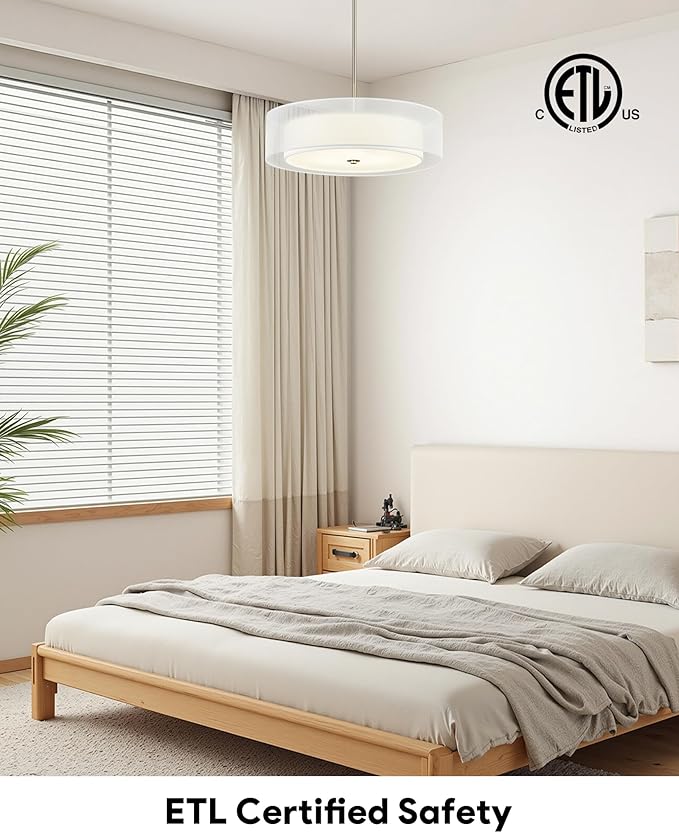 VONLUCE Drum Chandelier, 20.1" 3-Light Modern Chandelier with 2-Tier Fabric Lampshade, Modern Ceiling Light Fixture for Dining Room Bedroom Living Room with E26 Sockets, Nickel Finish, ETL Certified
