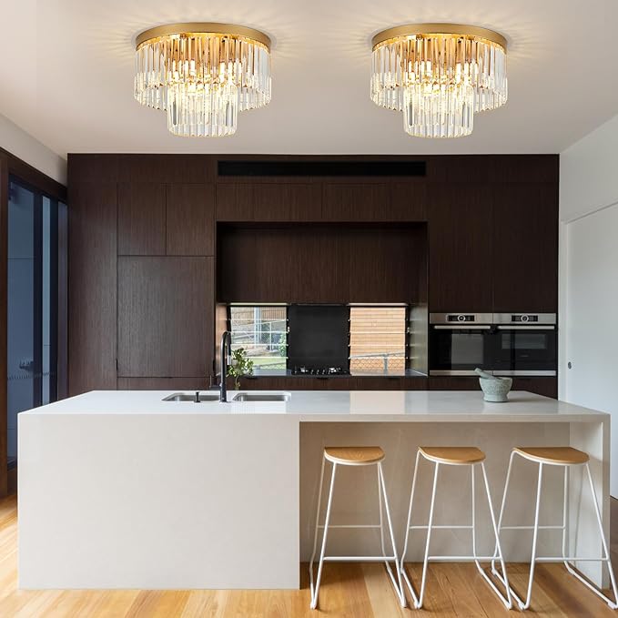 17" Gold Crystal Ceiling Light 9-Light Modern Crystal Light Fixture 2-Tier Luxury K9 Crystal Ceiling Light,for Dining Room Kitchen Island Living Room Bedroom