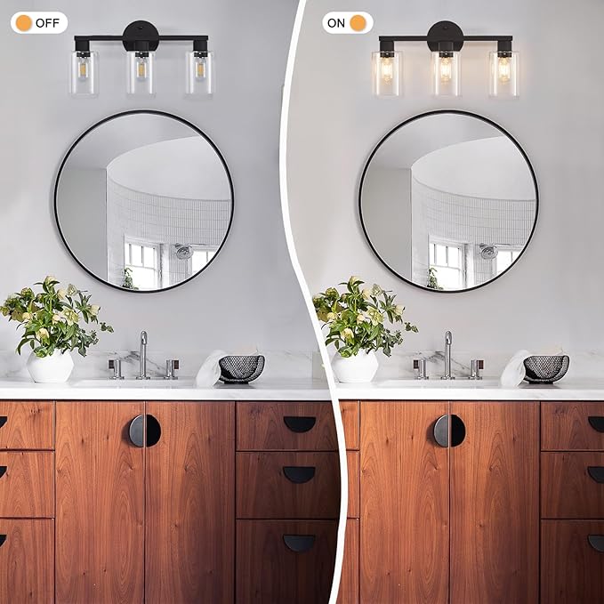Bathroom Vanity Light Bathroom Light Fixtures Vanity Lights for Bathrrom Light Fixtures with Clear Glass Shade for Bath 3 Light (Black)