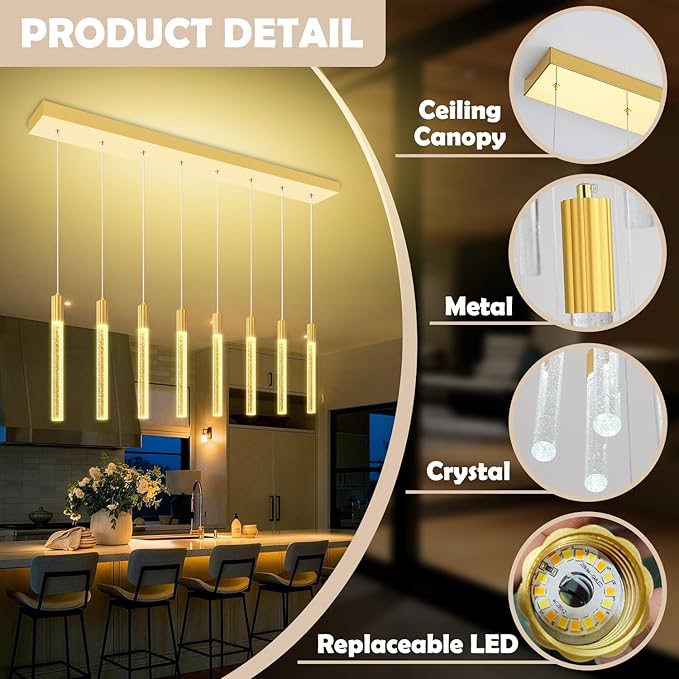 8-Light Gold Rectangular LED Chandelier, Bubble Crystal Column Chandeliers, Modern Dimmable Adjustable Height Hanging Light for Kitchen Island, Over Dining Room Table