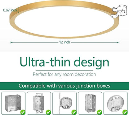 Brightever Gold LED Flush Mount Ceiling Light Fixture, 12 Inch 24W, Super Slim 0.67 Inch 3200LM LED Ceiling Lights, Dimmable & 2700K-6500K 5 Color in One Ceiling Lamp for Bedroom, Porch, 2 Packs