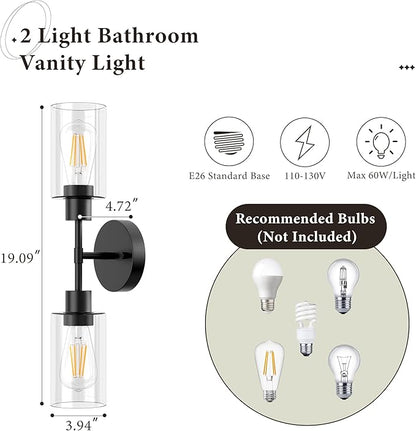 Bathroom Light Fixtures 2 Light Black, Bathroom Vanity Lights Over Mirror, Bathroom Sconces Wall Lighting，Farmhouse Matte Black Bathroom Vanity Light, Modern Vanity Lights with Clear Shades