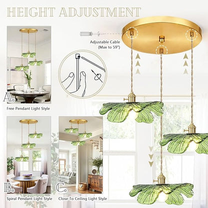 Green Glass Pendant Light 3-Light Cluster Chandelier Adjustable Gold Brass Pendant Hanging Light Farmhouse Pendant Lights for Kitchen Island Dining Room Bedroom