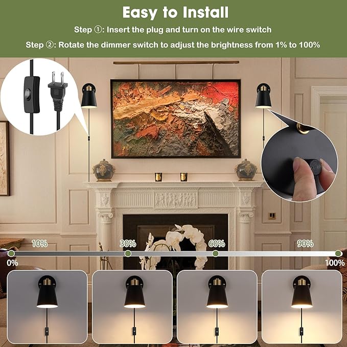 Lomoky Plug in Wall Sconces Set of 2, Dimmable Wall Lights with Plug in Cord and Dimmer On/Off Knob Switch, Adjustable Angle Black Wall Mounted Lamp for Bedside Bedroom Living Room (2 Bulbs Included)