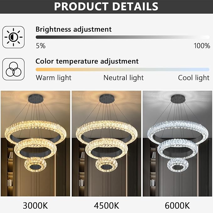 23.6" 3 Ring Crystal Chandelier Modern LED Dimmable Ring Pendant Light Round Chandelier for Dining Room Living Room Black