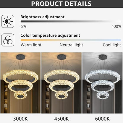 23.6" 3 Ring Crystal Chandelier Modern LED Dimmable Ring Pendant Light Round Chandelier for Dining Room Living Room Black