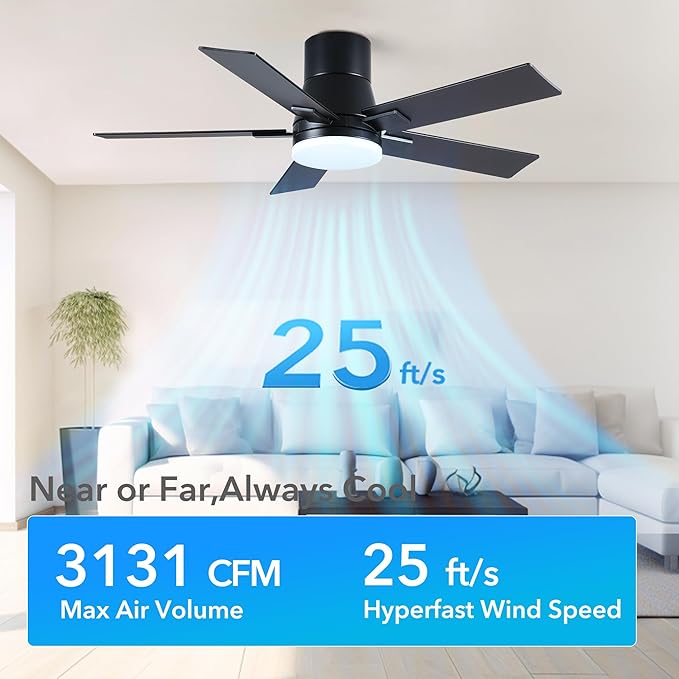 42 Inch Ceiling Fans with Lights and Remote,Flush Mount Black Ceiling Fan with 5 Blades,6 Speed Reversible DC Motor,3CCT Dimmable LED-Low Profile Design for Bedroom, Living room & Covered Outdoor