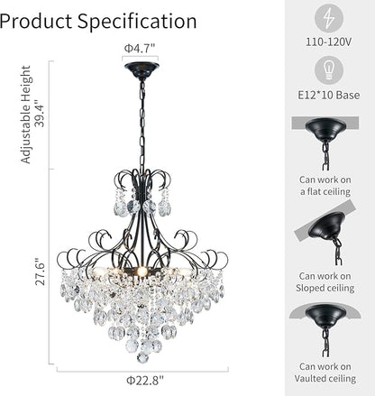 ANJIADENGSHI Crystal Chandelier K9 Crystal Lighting Chandelier for Living Room 10 E12 Bulbs High 27.6 in x Diameter 22.8 in, Black