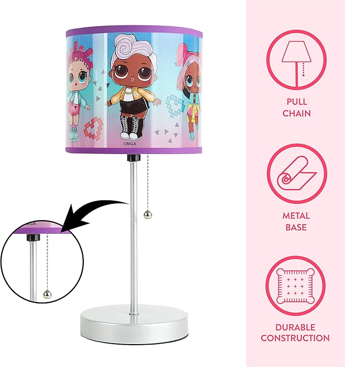 LOL Surprise Kids Stick Table Lamp,Pull Chain On/Off with Themed Printed Decorative Shade, Bedroom & Playroom Lighting
