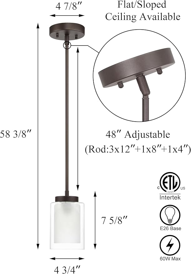 XiNBEi Lighting Pendant Lighting Modern 1 Light Mini Pendant Light with Dual Glass in Dark Bronze, Adjustable Hanging Ceiling Light for Kitchen & Living Room XB-P1195-DB