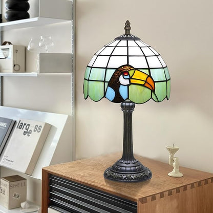 Tiffany Style 8 Inch Big-Billed Bird Stained Glass Table Lamp,Handmade Accent Lamp With Resin Base Retro Night Light For Bedroom, Office Living Room,Restaurant Farmhouse Decor Ambient Lighting