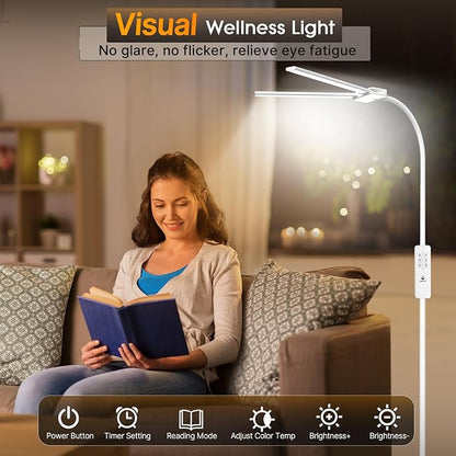 Syrinx LED Floor Lamp, Double Head Gooseneck Floor Lamps for Living Room with Gesture Switch & Remote Control, 14W Bright Tall Standing Lamp Modern Eye-Caring Reading Floor Lamp for Bedroom Office