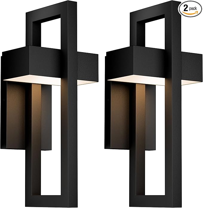 Krychiler 16.5 Inch Contemporary Outdoor Wall Lights with 3000K Integrated LED, 2 Packs Matte Black Metal Modern Exterior Lighting Fixtures Outside Wall Mount, for House Porch Patio Garage Front Door