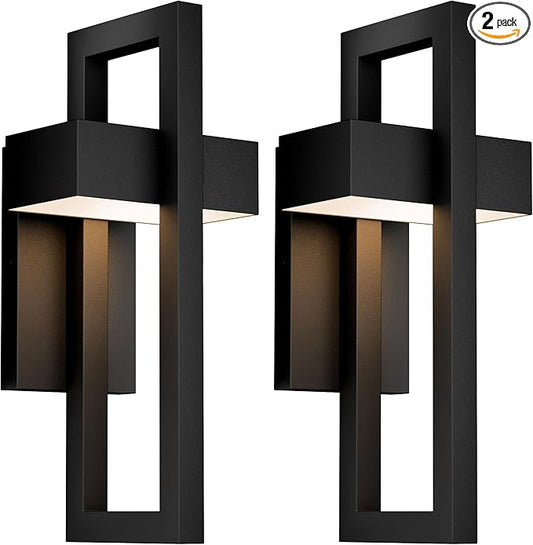 Krychiler 16.5 Inch Contemporary Outdoor Wall Lights with 3000K Integrated LED, 2 Packs Matte Black Metal Modern Exterior Lighting Fixtures Outside Wall Mount, for House Porch Patio Garage Front Door