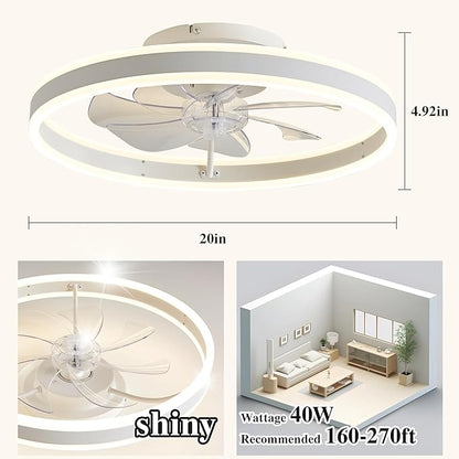 Ceiling Fans with Lights and Remote Fandelier 20''- Low Profile Modern - Flush Mount Ceiling Fans for Bedroom,Stepless Color Temperature and 6 Speeds - White