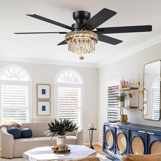 Asyko Chandelier Ceiling Fan -52" Crystal Ceiling Fan- Fandelier Fan Light Black with Remote, Reversible Motor, Dual-Sided 6 Blades, 3 Speed, Timer, Indoor Outdoor Fans, Living Room, Dining Room