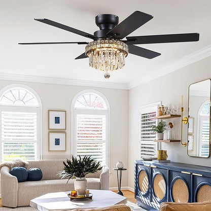 Asyko Chandelier Ceiling Fan -52" Crystal Ceiling Fan- Fandelier Fan Light Black with Remote, Reversible Motor, Dual-Sided 6 Blades, 3 Speed, Timer, Indoor Outdoor Fans, Living Room, Dining Room