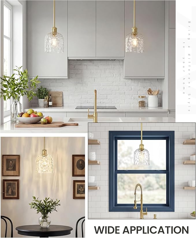 zeyu Vintage Glass Hanging Lights 2 Pack, Kitchen Pendant Lights, Ceiling Hanging Light Fixtures with Clear Hammered Glass, Brushed Gold Finish, ZJF63MIL-L-2PK BG