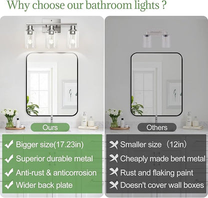 MOKATNG 3-Light Bathroom Light Fixtures, Vanity Light with Clear Glass Shades, Brushed Nickel Bathroom Light Fixtures Over Mirror, Modern Bathroom Wall Lamp for Mirror Living Room Cabinet Bedroom