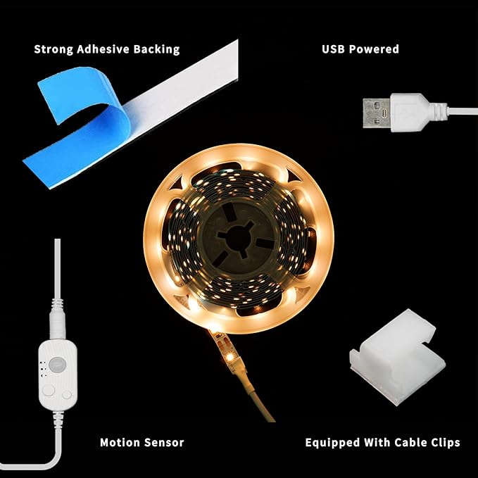 Motion Sensor LED Light Strip, Ultra Warm Yellow 2200K Strip Light USB Powered 16.4ft, Day/Night Modes & Dimming Brightness, Adhesive Tape 5V Free Cutting Rope Lights for Decor