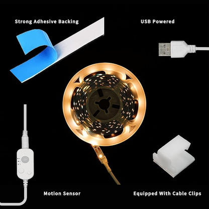 Motion Sensor LED Light Strip, Ultra Warm Yellow 2200K Strip Light USB Powered 16.4ft, Day/Night Modes & Dimming Brightness, Adhesive Tape 5V Free Cutting Rope Lights for Decor
