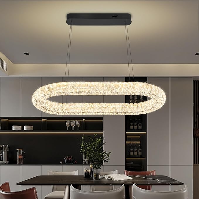 Crystal Ring Chandelier, 31.5'' Black Crystal Ring Pendant Light for Kitchen Island Modern Linear Oval Chandeliers for Dining Room Dimmable 3000K-6000K
