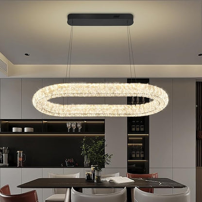 Crystal Ring Chandelier, 31.5'' Black Crystal Ring Pendant Light for Kitchen Island Modern Linear Oval Chandeliers for Dining Room Dimmable 3000K-6000K