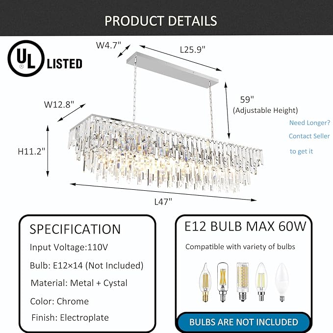 Rectangle Crystal Chandelier 47 Inch, 14-Light Dining Room Chandelier Over Table, Chrome Modern Contemporary Pendant Light, Raindrop Hanging Ceiling Lighting Fixture for Kitchen Living Room