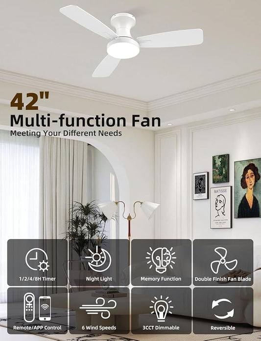 42 inch Smart Ceiling Fan with Light, Low Profile Flush Mount with Remote Control, Ultra-Quiet Reversible DC Motor, 3 Color Temperatures & 6 Speed Dimmable Lighting for Bedroom, White