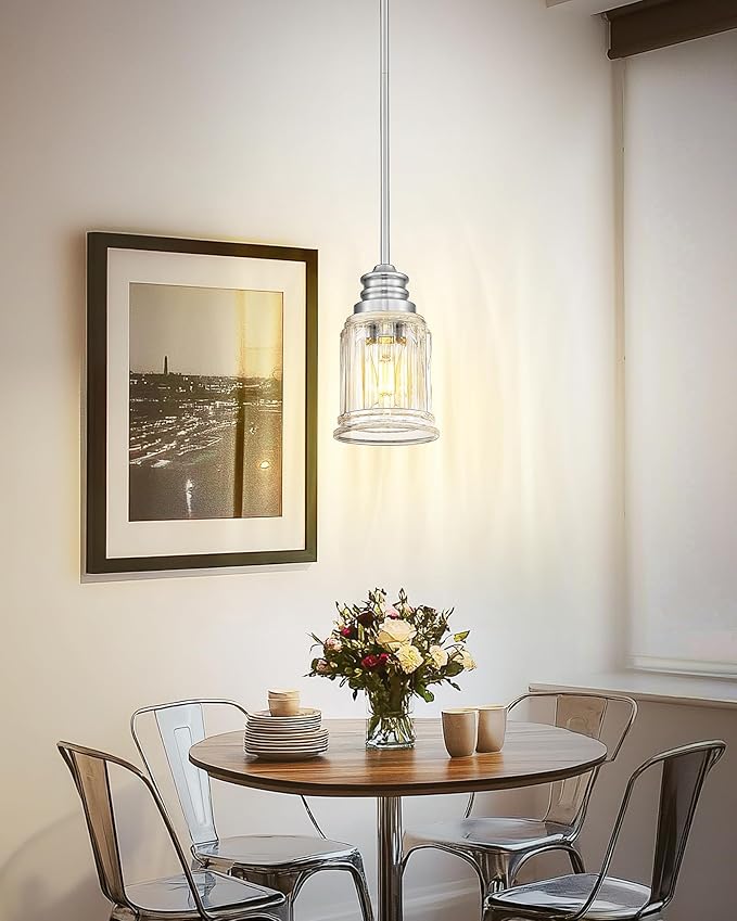 HWH Pendant Light Kitchen Island, Bell-Shaped Fluted Clear Glass Pendant Light, Pendant Lighting Height Adjustable for Dining Room, Brushed Nickel, 5HZG106MIL-L BN