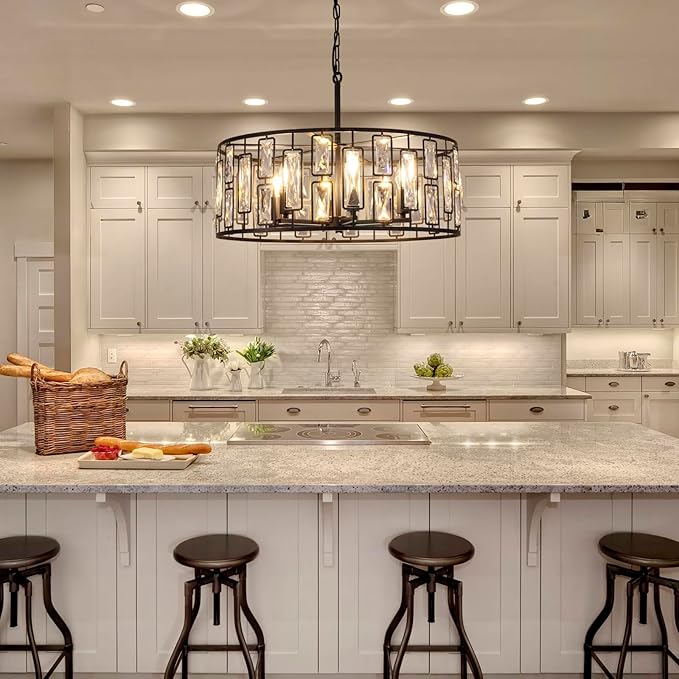 Wellmet Black Crystal Chandeliers 24in, 6 Lights Round Ceiling Light Fixture for Dining Room, Modern Farmhouse Drum Chandelier for Living Room, Bedroom, Bathroom, Kitchen, Entryway, Hallway