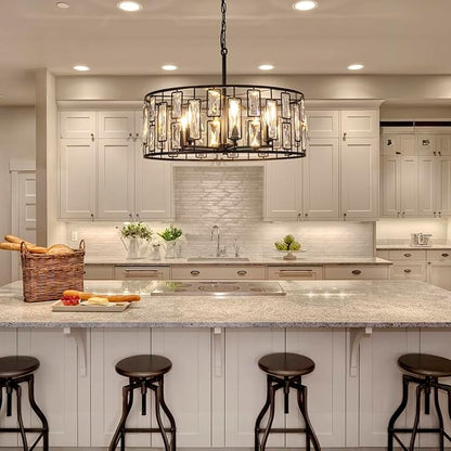 Wellmet Black Crystal Chandeliers 24in, 6 Lights Round Ceiling Light Fixture for Dining Room, Modern Farmhouse Drum Chandelier for Living Room, Bedroom, Bathroom, Kitchen, Entryway, Hallway