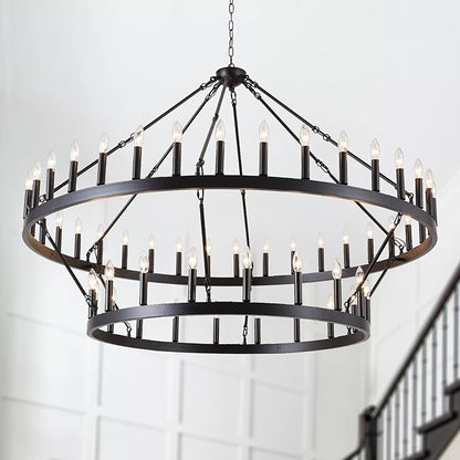 HHR Wagon Wheel Chandelier 2 Tier 54-Light, 60 Inch Large Farmhouse Chandelier, Round Rustic Pendant Light Fixture for High Ceilings Foyer Dining Room E12