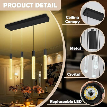 Bubble Crystal Column Chandelier, 4-Light Rectangular Black Crystal Chandelier, Dimmable Adjustable Height Luxury Pendant Light for Kitchen Island, Dining Room, Living Room