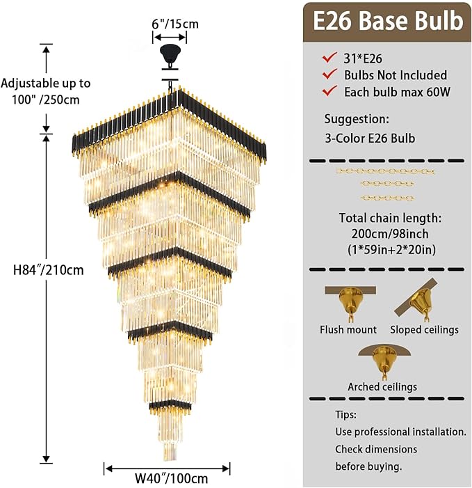 W40 x H120 Large Black Gold Chandeliers for High Ceiling, 37-Light Square Tiered K9 Crystal Raindrop Chandelier, Adjustable Height Luxury Pendant Light for Staircase, Villa Foyer, Entryway