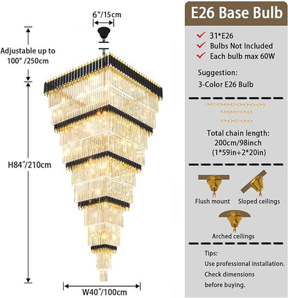 W40 x H120 Large Black Gold Chandeliers for High Ceiling, 37-Light Square Tiered K9 Crystal Raindrop Chandelier, Adjustable Height Luxury Pendant Light for Staircase, Villa Foyer, Entryway