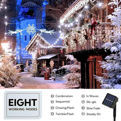 2 Pack Solar String Lights Outdoor, Total 100 LED Each 20Ft with 8 Lighting Modes for Yard, Fence,Balcony, Party,Christmas Tree Decorations (Cold White Light)