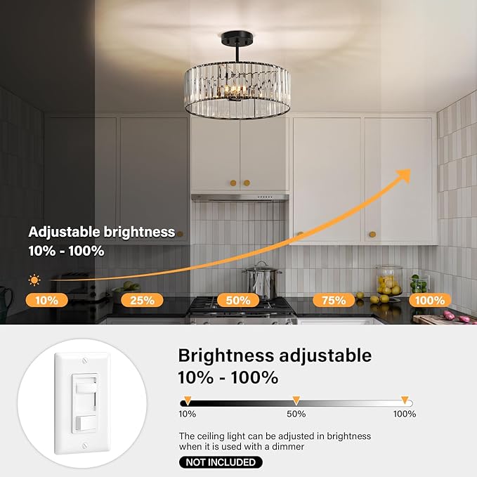 YURNYQ Black Crystal Ceiling Light Fixture, Modern Semi Flush Chandelier, Round Hanging Lighting Chandeliers for Dining Room, Kitchen, Bedroom, 3-Light, 15.74 Inch