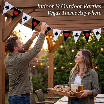 HESTYA 5 Pcs 49 Ft Casino Party Decorations Pennant Banner, Vegas Triangle Flags Garland, Poker Night Bunting with Playing Card Suits, Pre-Strung Paper for Birthday, Casino Night, Blackjack Decor