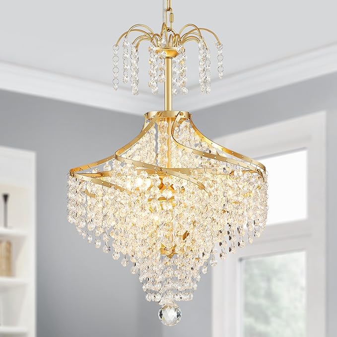WUZUPS Clear Crystal Chandelier Pendant Flushmount Ceiling Light Modern Lighting Fixture for Bedroom Hallway Bar Kitchen Bathroom, H 20.1" x W 14.7", Gold, G9 Base
