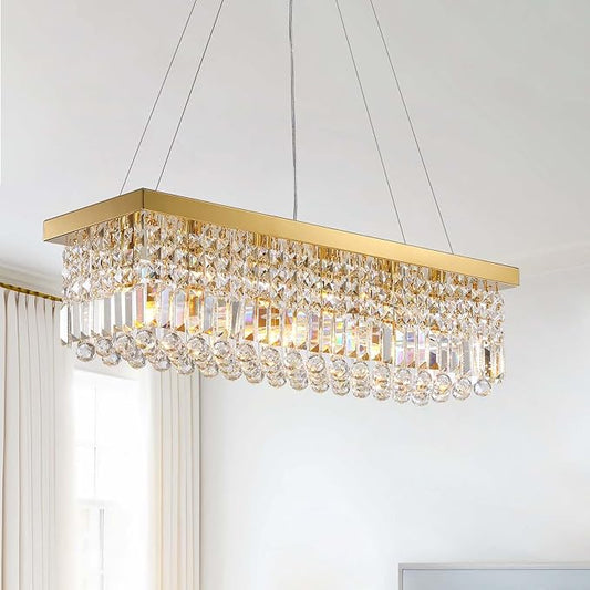 7PM Modern Gold Crystal Chandelier Rectangle Chandeliers for Dining Room Rectangular Pendant Lighting Fixture for Kitchen Island Bedroom L31.5'' x W10'' x H10''