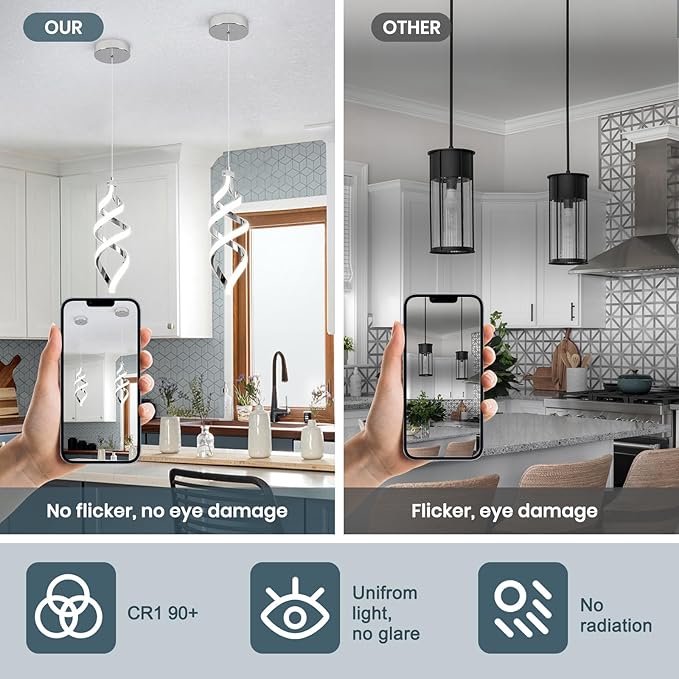 EIDISUNY 3Pack Pendant Light Fixture, 15W Chrome Spiral Led Chandelier Hanging Lamp, 3000K-6000K, Dimmable Pendant Lamp, Adjustable Height Pendant Light for Kitchen Island Dining Room Bedroom Cafe
