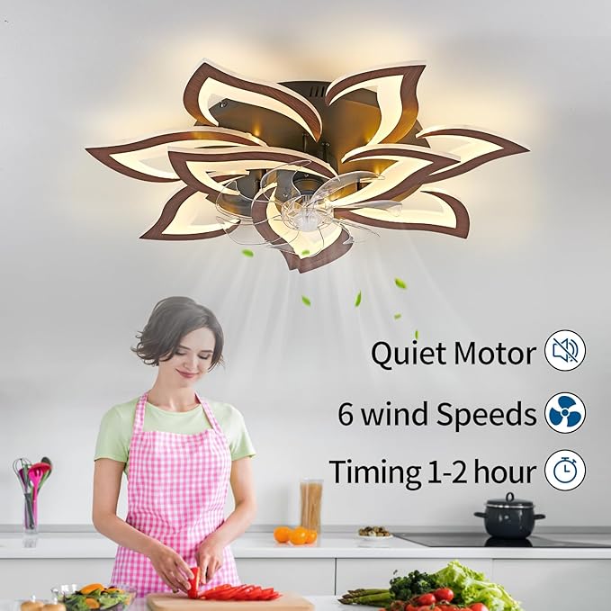 32inch Flower Modern Ceiling Fans with Lights, Low Profile Ceiling Fan with Remote for Bedroom, Flush Mount Ceiling Fan with LED Dimmable Light,6-Speeds, Timing CeilingFan Light-Walnutcolor