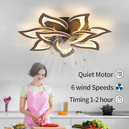 32inch Flower Modern Ceiling Fans with Lights, Low Profile Ceiling Fan with Remote for Bedroom, Flush Mount Ceiling Fan with LED Dimmable Light,6-Speeds, Timing CeilingFan Light-Walnutcolor